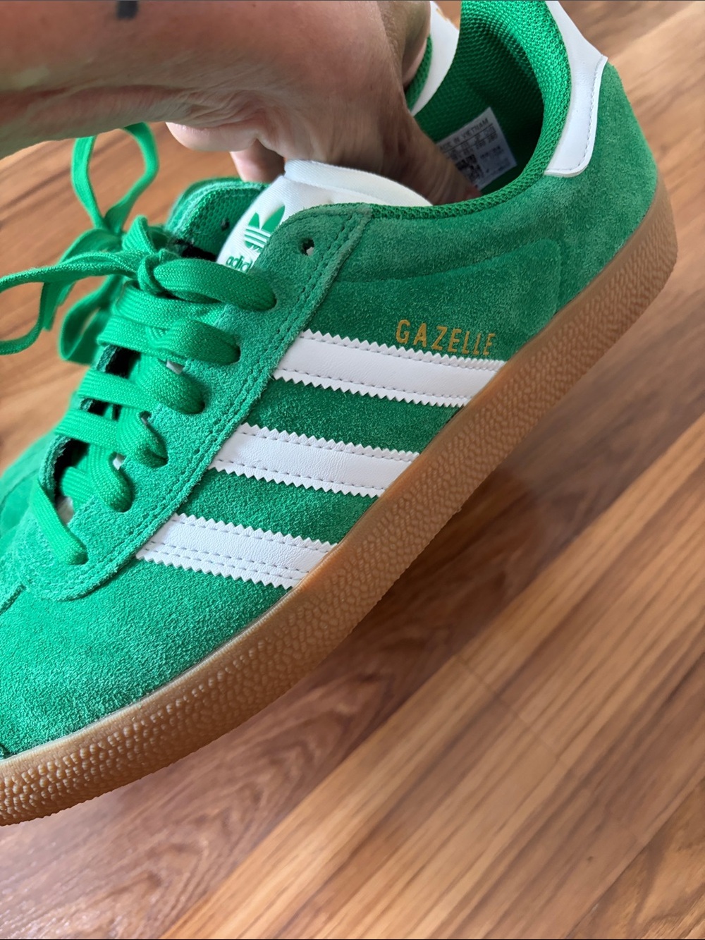 adidas Gazelle ADV shoes in a "Green/Cloud White/Gum" colorway. - Picture 6 of 8